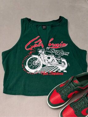 Green Crop Tank with Red Graphic
